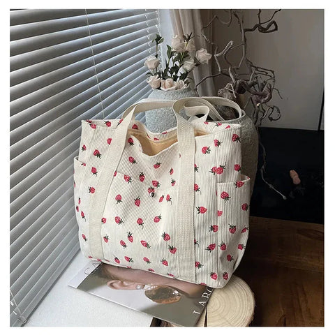 Corduroy Shoulder Bag for Women | Fashionable Crossbody | Pink & White | Cord Tasche
