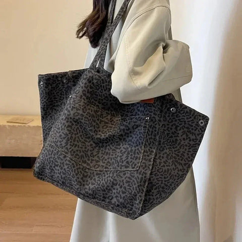 Leopard Print Tote Bag for Women | Vintage Canvas Shopper | Leopard Pattern | Gray / Brown