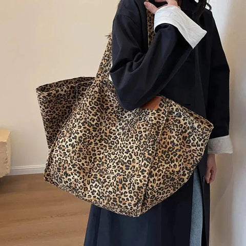 Leopard Print Tote Bag for Women | Vintage Canvas Shopper | Leopard Pattern | Gray / Brown