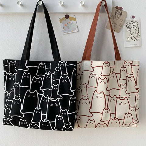 Cat Tote Bag for Women | Cute Shopping Bag with Cat Design | Black & White