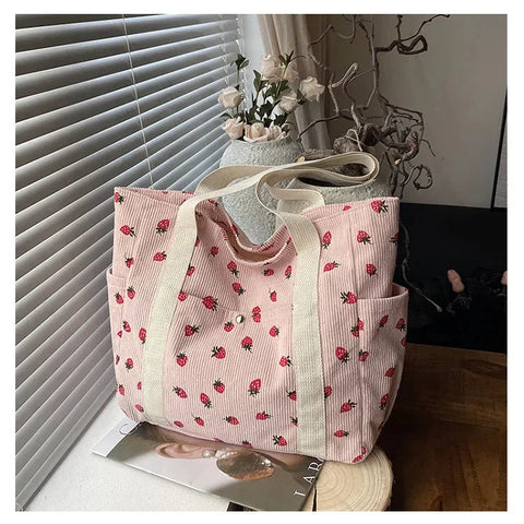 Corduroy Shoulder Bag for Women | Fashionable Crossbody | Pink & White | Cord Tasche