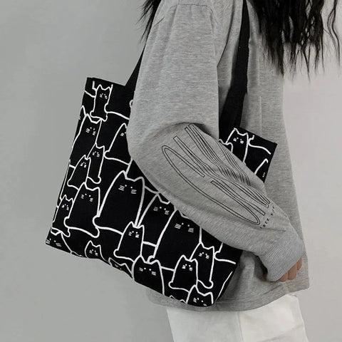 Cat Tote Bag for Women | Cute Shopping Bag with Cat Design | Black & White