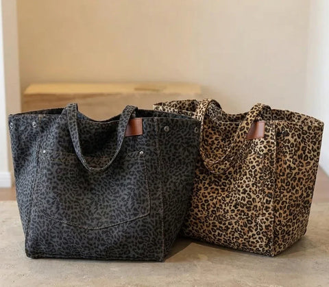 Leopard Print Tote Bag for Women | Vintage Canvas Shopper | Leopard Pattern | Gray / Brown